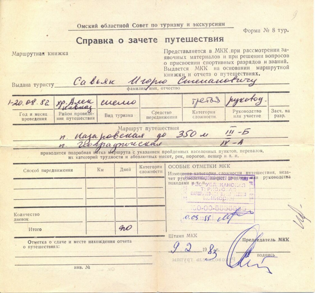 Справка о зачете туристического путешествия.